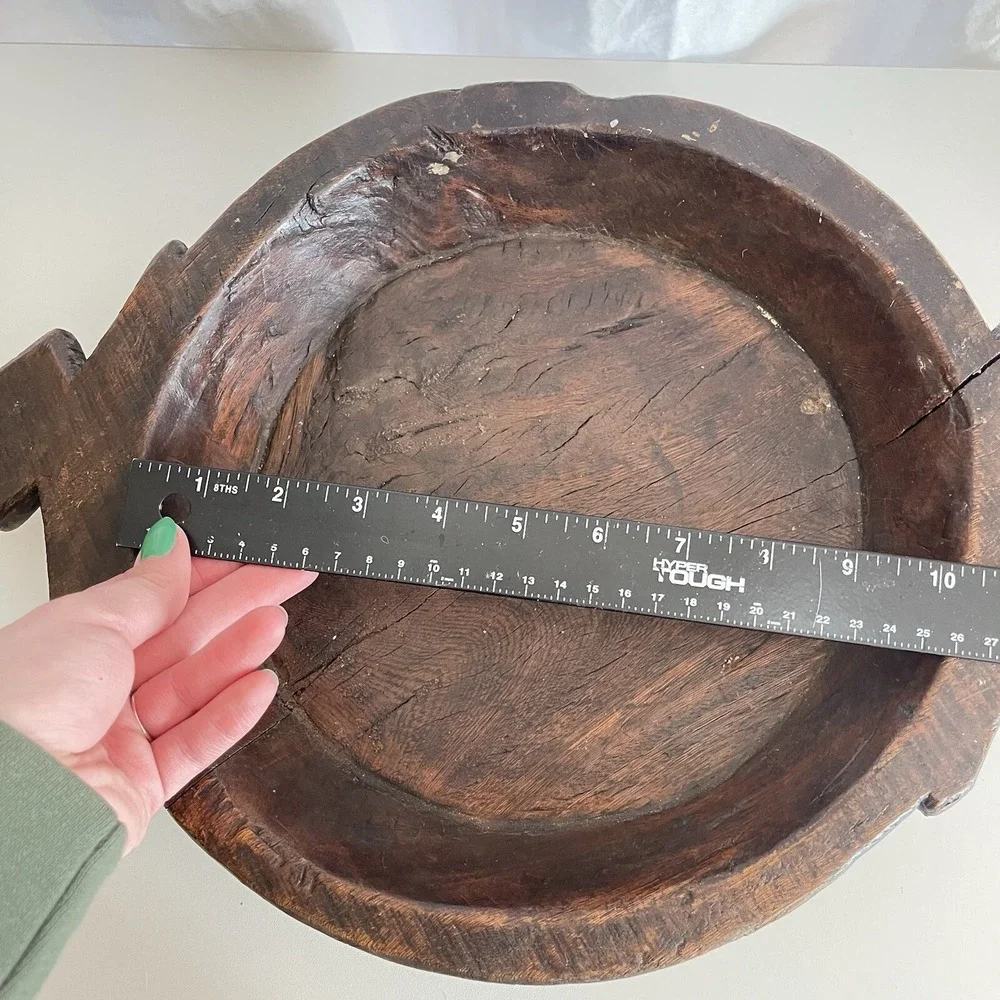 Vtg Wood Dough Bowl Rustic Hand Carved Primitive Wooden Handled Trough Knead 17